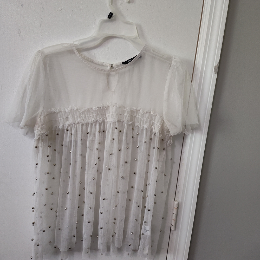 Elegant White Sheer Top with Pearl Accents